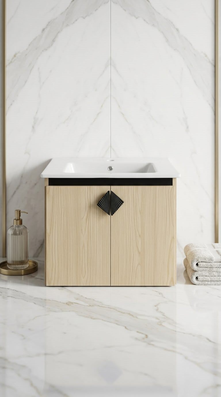 CRYSTAL bathroom unit, code C855-85, خشابي فاتح × مرايا اسود