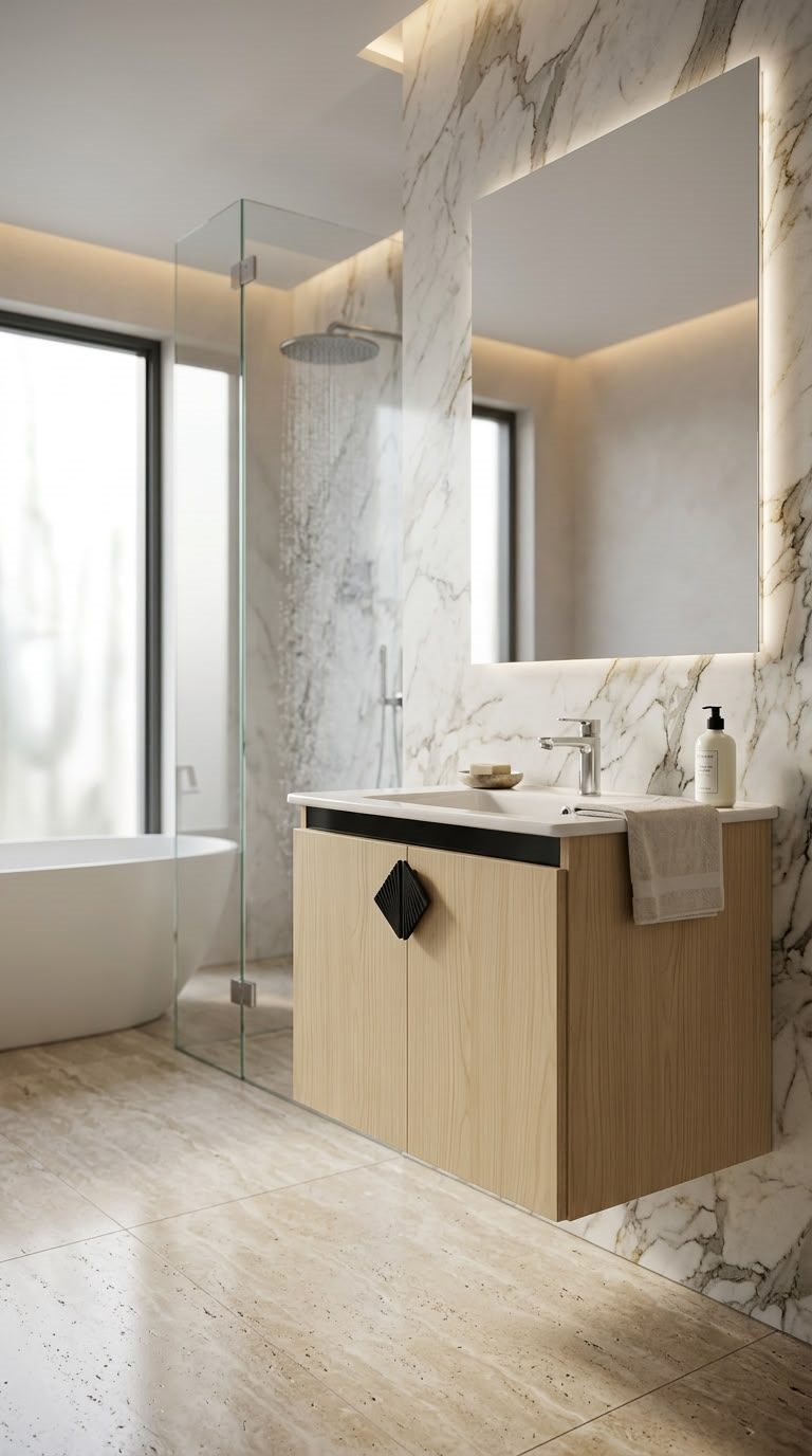 CRYSTAL bathroom unit, code C855-85, خشابي فاتح × مرايا اسود