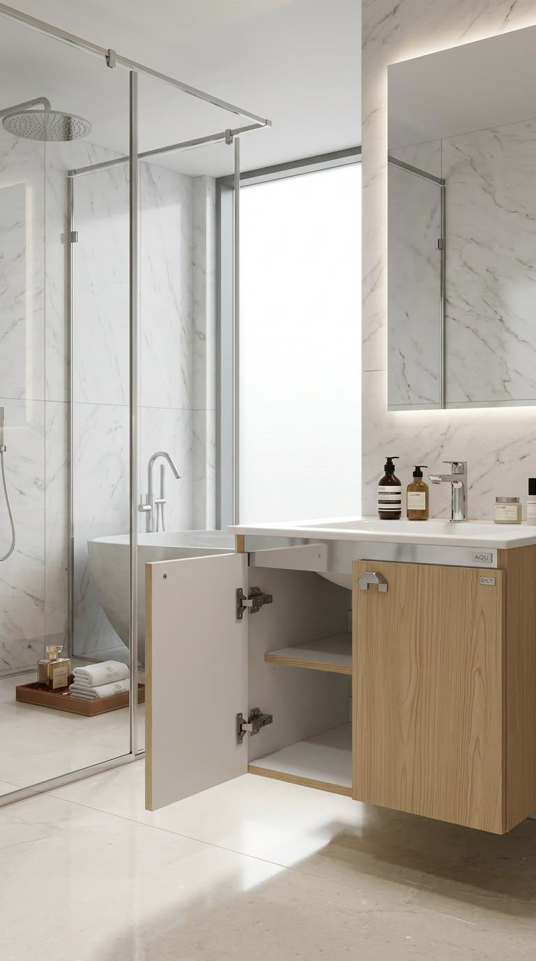 CRYSTAL bathroom unit, code C856-85, خشابي فاتح × مرايا فضي