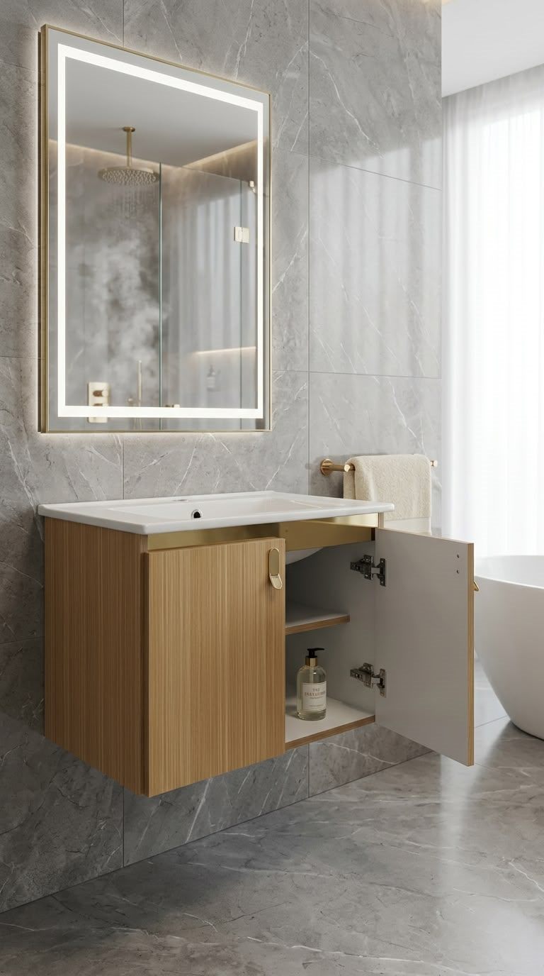 CRYSTAL bathroom unit, code C856-85, خشابي فاتح × مرايا فضي
