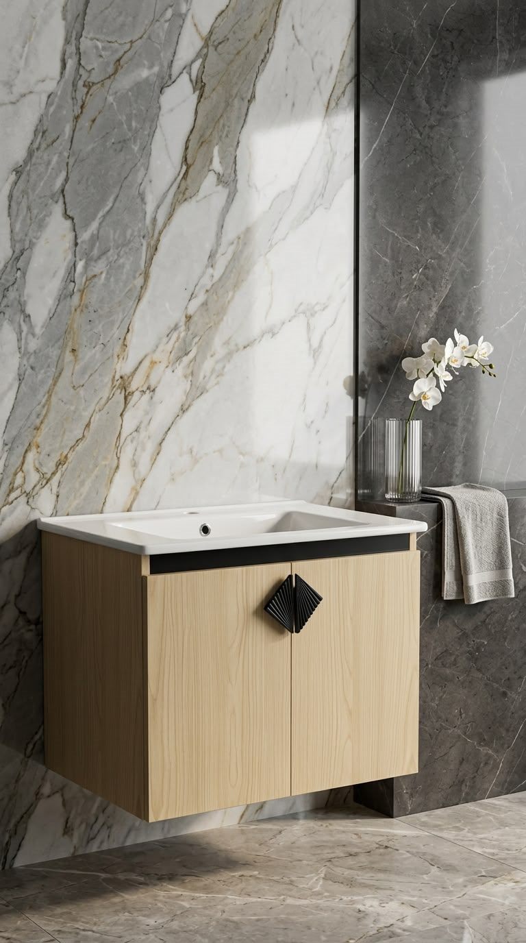 CRYSTAL bathroom unit, code C855-85, خشابي فاتح × مرايا اسود