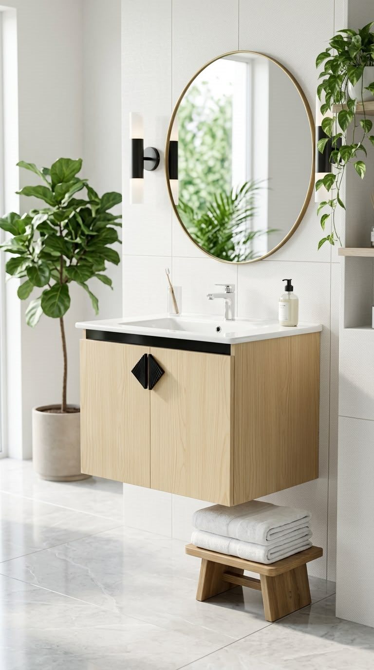 CRYSTAL bathroom unit, code C855-85, خشابي فاتح × مرايا اسود