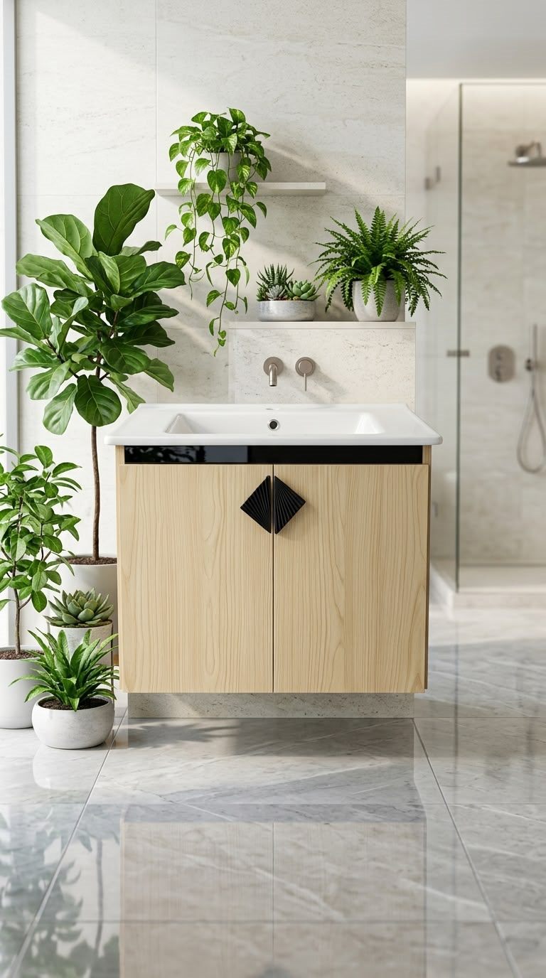 CRYSTAL bathroom unit, code C855-85, خشابي فاتح × مرايا اسود