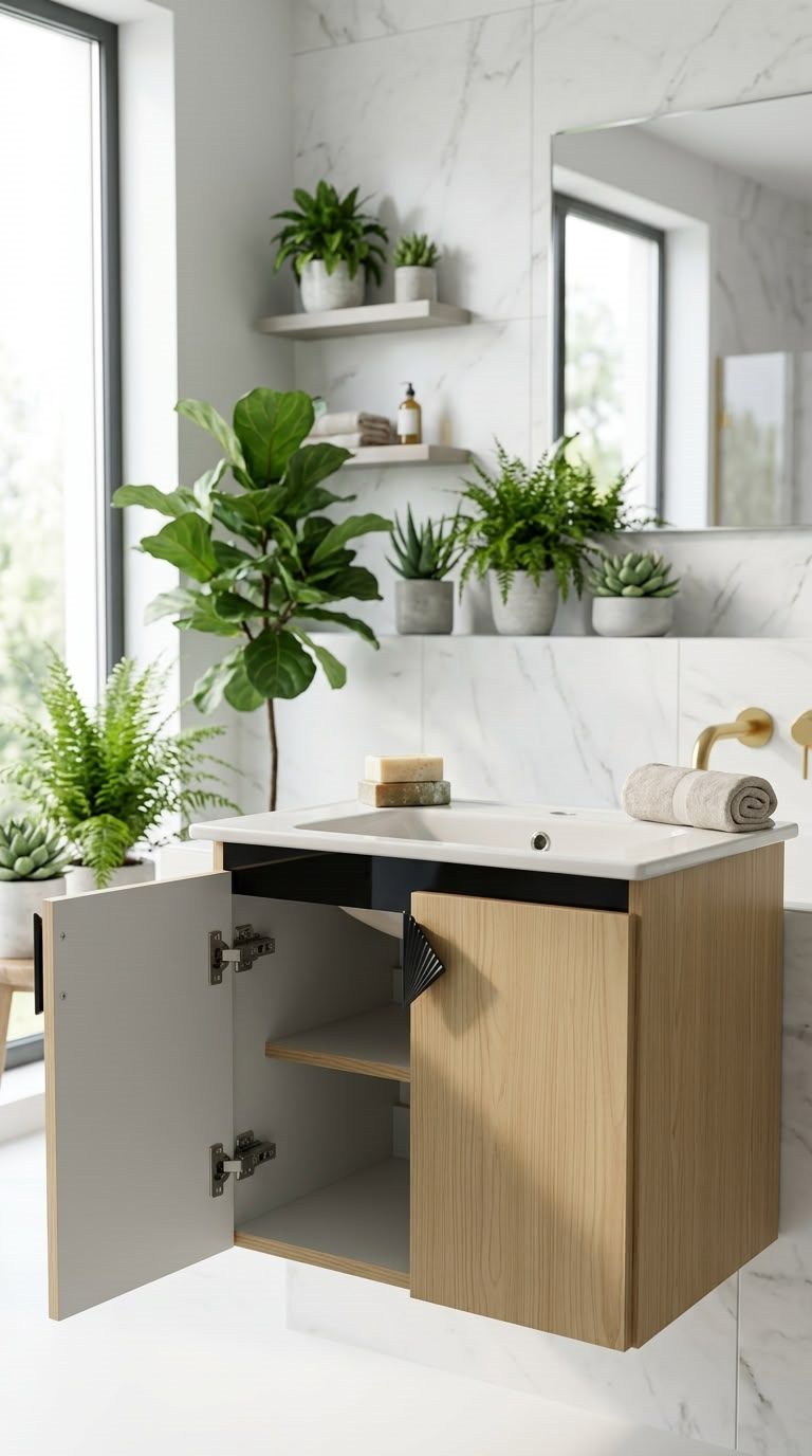 CRYSTAL bathroom unit, code C855-85, خشابي فاتح × مرايا اسود