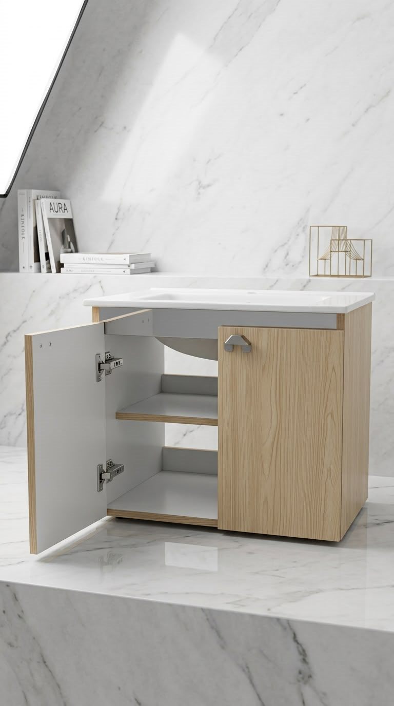 CRYSTAL bathroom unit, code C856-85, خشابي فاتح × مرايا فضي