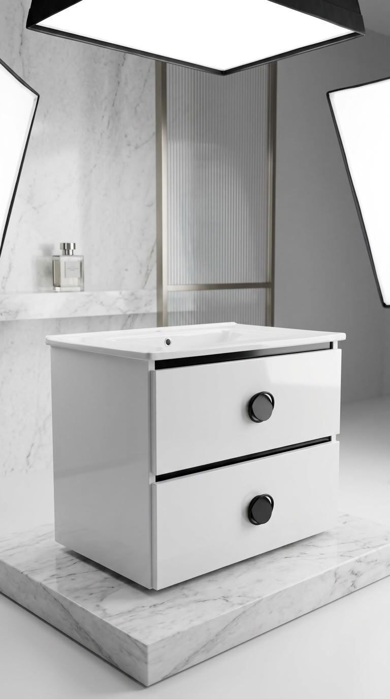 وحدة حمام DIORA كود D320-60 لون أبيض لامع ، مقبض أسود